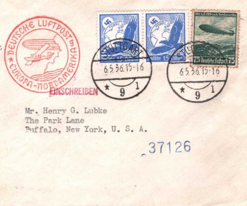 GERMANY HINDENBURG ZEPPELIN Air Mail Cover FIRST FLIGHT USA New York 1936 KZ292