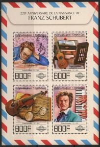 TOGO 2017  220th BIRTH OF  FRANZ SCHUBERT SHEET MINT NH