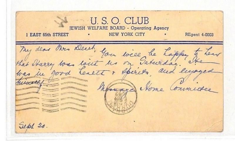 USA JUDAICA Stationery Postcard WW2 JEWISH WELFARE BOARD *USO Club* 1943 NY AX58