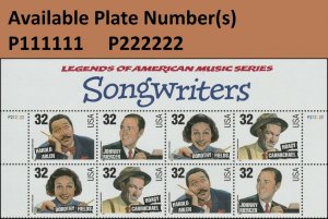 US 3100-3103 3103a Songwriters 32c header plate block 8 MNH 1996