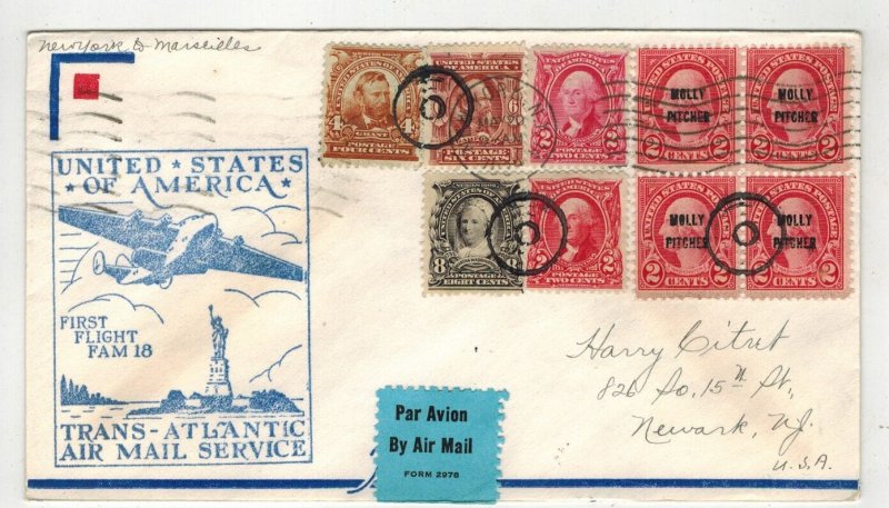 1939 AIRMAIL FLIGHT TRANS ATLANTIC NY  MARSEILLES & 646 MOLLY PITCHER BY CITRET