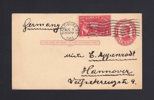 UX24 USED 1913 to GERMANY - Uprated with Q1 1c Parcel Post