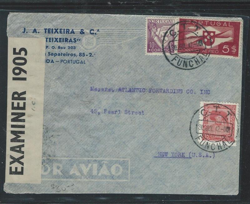 BERMUDA (P1106B) 1942 INCOMING TRANSIT CENSOR COVER FROM FUNCHAL TO USA