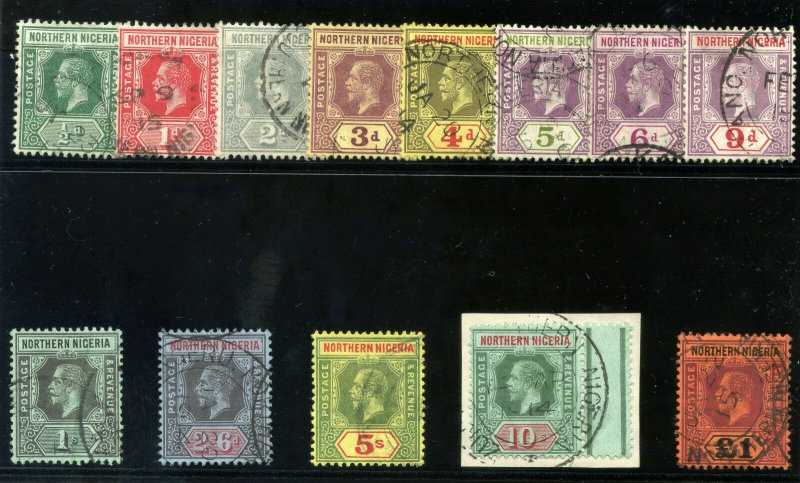 Northern Nigeria 1912 KGV set complete very fine used. SG 40-52. Sc 40-52.