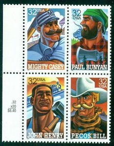 #3083-6, 32¢ FOLK HEROES STAMPS, LOT OF 100 MINT BLOCKS SPICE UP YOUR MAILINGS!