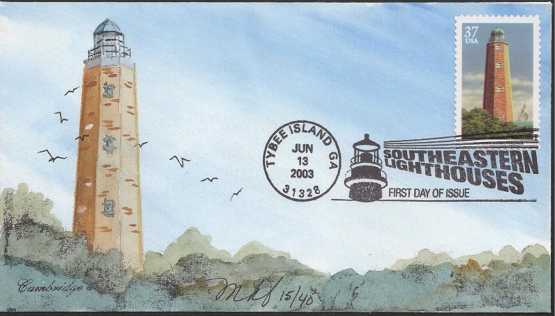 Set of 5 Cambridge Hand Painted FDCs for the 2003 Southeastern Lighthouses Issue