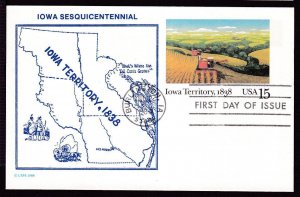 1988 IOWA Centennial postal card FDC Sc UX123 with State Map cachet (AV