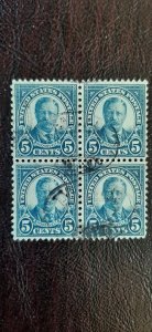 US Scott # 637; used blk of 4; 5c T. Roosevelt, 1927; F/VF centr; off paper