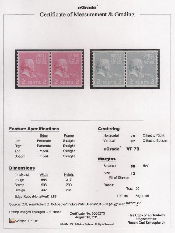 841 2 cent John Adams Coil Pair Stamp Mint OG NH VF 78