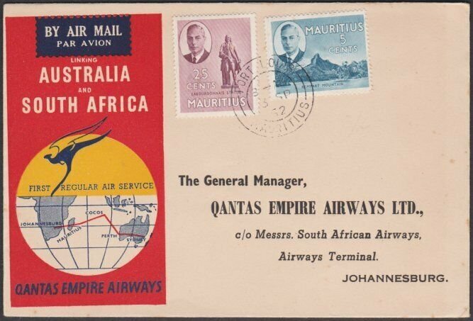 MAURITIUS 1952 Qantas first flight to South Africa..........................T365