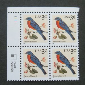 1996 Eastern Bluebird Plate Block of 4 25c Postage Stamps, Sc# 3033, MNH, OG