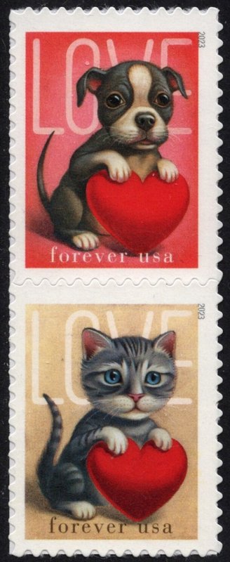 NEW ISSUE (Forever) Love: Kitten & Puppy Vertical Pair (2023) SA