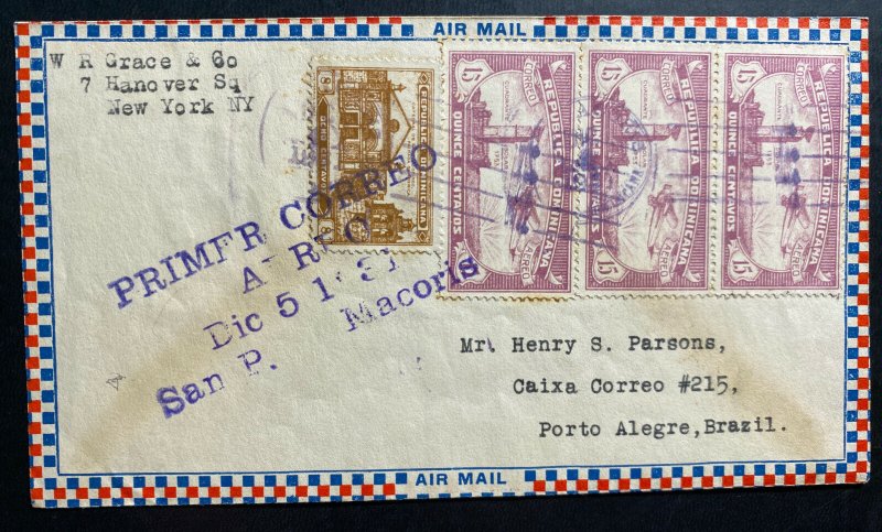 1931 Dominican Republic First Flight Airmail cover FFC to Porto Alegre Brazil