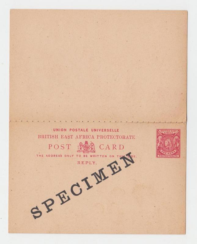 BRITISH EAST AFRICA, QV  1a SPECIMEN REPLY PAID CARD H&G#10 (SEE BELOW)