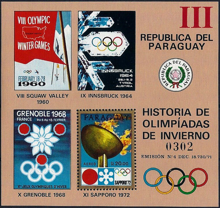 1972 Paraguay History of the Olympic Games, Sapporo, Sheet VF/MNH! CAT 23$