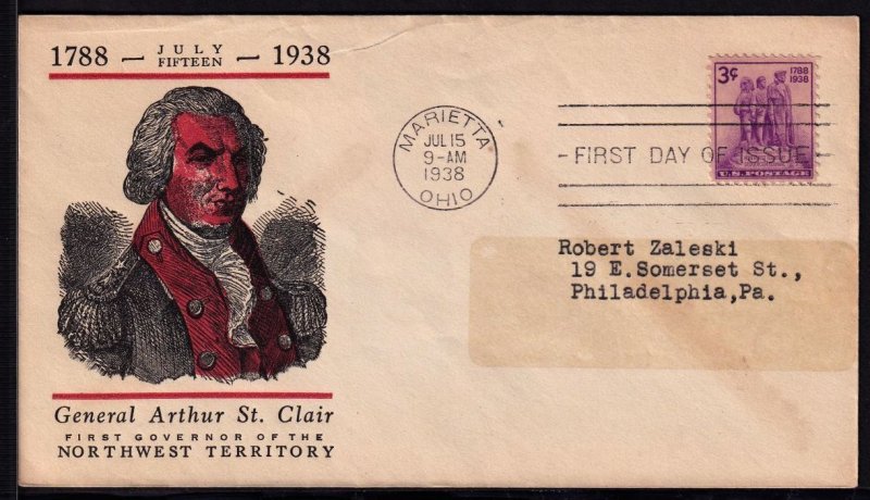 1938 Northwest Territory Sc 837-36 FDC Linprint cachet, Marietta OH