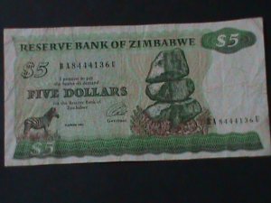 ZIMBABWE--REPUBLIC-1981-RESERVE BANK-$5.CIR-VF-43 YEARS OLD-WATER MARK