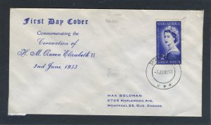 South Africa 1953 QEII Coronation on First Day Cover.