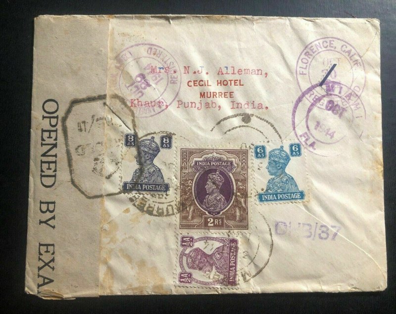 1944 Murree India Censored Cecil Hotel Cover To Los Angeles USA Via Lagos