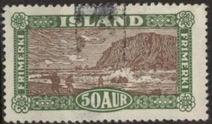 Iceland 148 (used) 50a view of Rejkjavik, yel grn & brn (1925)