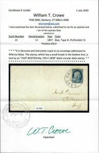 $US Sc#21 on cover Pos65L4 Feb. 4, 1858 East Boston, Crowe Cert., Ex. Siegel