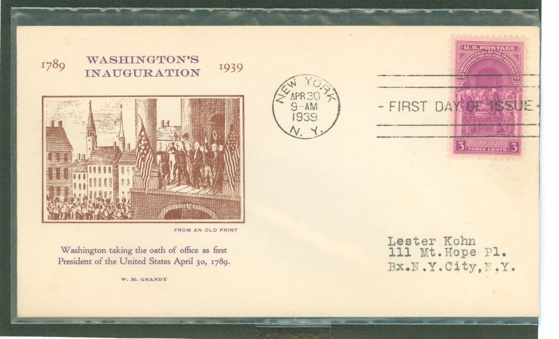 US 854 Washington Inauguration Grande FDC cachet addressed.