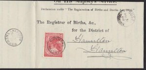 TASMANIA 1909 Birth notice OUSE to Hamilton with T perfin 1d...............5691