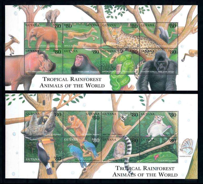 [97044] Guyana 2001 Wild Life Elephant Hippo Monkeys Birds Frog 2 Sheets MNH