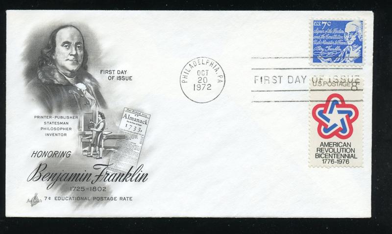 US 1393D with 1432 Combo 7c Benjamin Franklin UA ArtCraft FDC