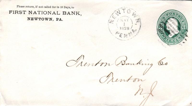 United States Pennsylvania Newtown 1878 double ring cds, bar grid  Postal Sta...