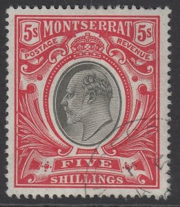 SG 23 Montserrat 1903. 5/- black & red. Very fine used, part CDS, leaves...