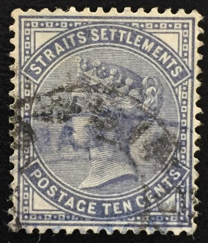 Malaya Straits Settlements 1882 QV 10c Slate wmk CrownCC used SG#49 M1444