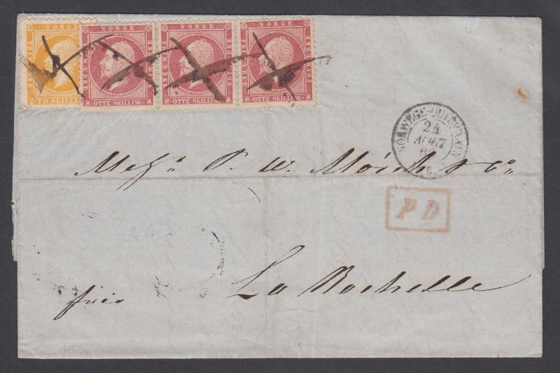 Norway Sc 2, 5 used on 1860 SFL CHRISTIANSUND-LAROCHETTE, Norwege-Quievrain CDS