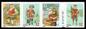 PCBstamps  US #3008/3011b Bk Strip $1.28(4x32c)Christmas, Santa/Child, MNH, (24)