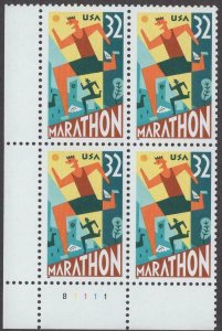 1996 Marathon Plate Block of 4 32c Postage Stamps, Sc# 3067, MNH, OG