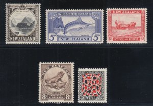 New Zealand Sc 191-195 MLH. 1935 Pictorials, run of 5 middle values, F-VF