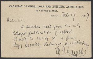 1897 Canadian Savings Loan and Building Private Post Card Toronto 3-Ring Orb