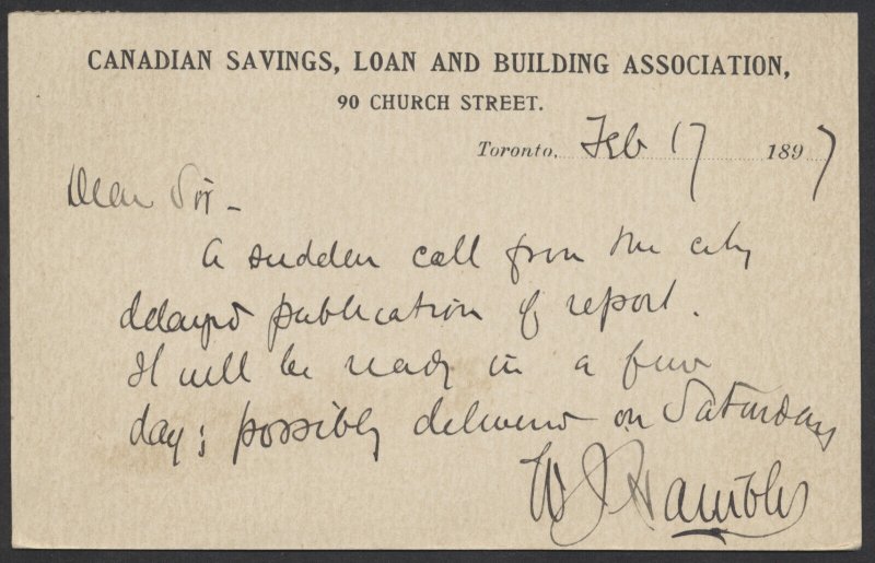 1897 Canadian Savings Loan and Building Private Post Card Toronto 3-Ring Orb