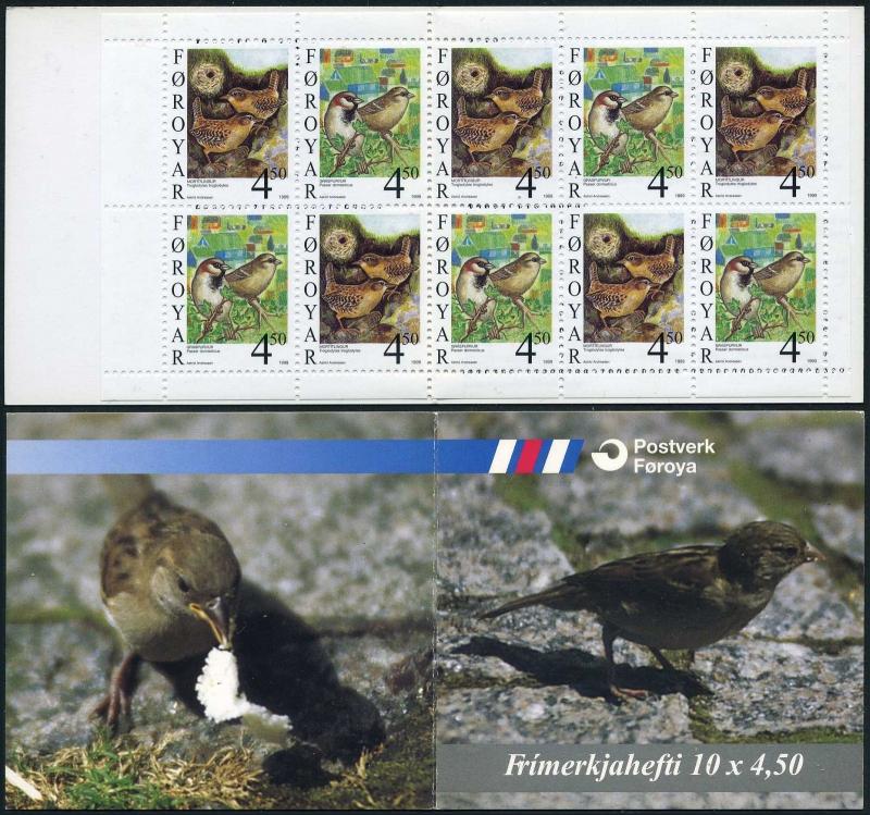 Faroe 351a booklet,MNH. Birds 1999.Passer domesticus,Troglodytes troglodytes.