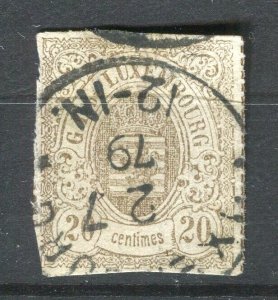 LUXEMBOURG; 1865 classic rouletted Arms issue used Shade of 20c. value