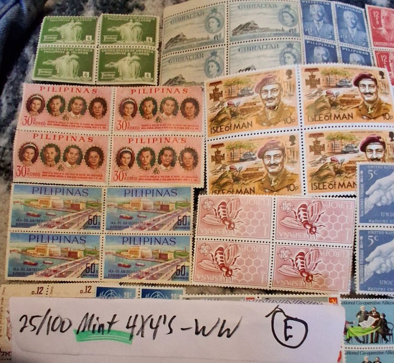 25 Unused WW Mint WW MNH 2x2  Blocks 100 Stamps  NO MMULTIPLES! Vintage E