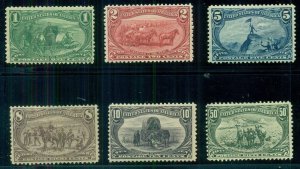 US #285-91,  1¢ - 50¢ Trans-Miss, hinged, small faults, attractive, Scott $1,142