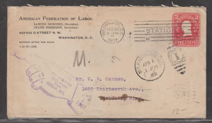 U.S. Scott #U395 Cover - Return to Sender Meridian, MS to DC - Apr 1, 1907