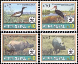 Nepal 2000 Sc 682-685 WWF Rhino Birds Florican Stork CV $5.75