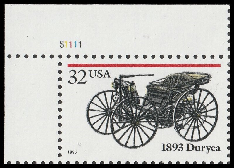 US 3019 Antique Automobiles 1893 Duryea 32c plate single MNH 1995