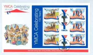 New Zealand 2000b 2005 commemorating 150 ears of the YMCA S/S of 6 stamps and 3 labels on a cacheted unaddressed FDC