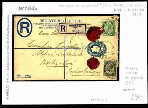 dbW164a 1934 KENYA KUT KGV Mombasa Uprated Registered Stationery/Goa Portuguese