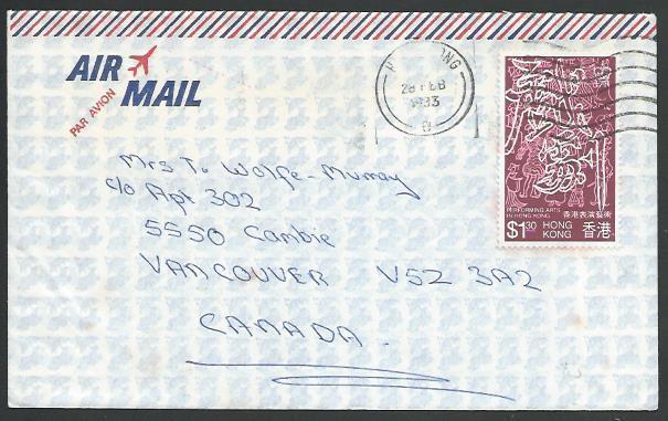 HONG KONG 1983 airmail cover to UK, $1.30 Arts single franking.............10832