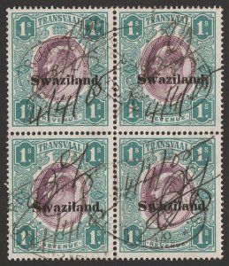 SWAZILAND 1904 'Swaziland' on KEVII Transvaal Revenue 1/- block. Unique multiple