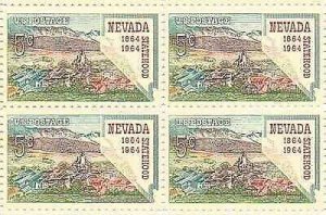 1964 Nevada Statehood Block of 4 5c Postage Stamps, Sc#1248, MNH, OG